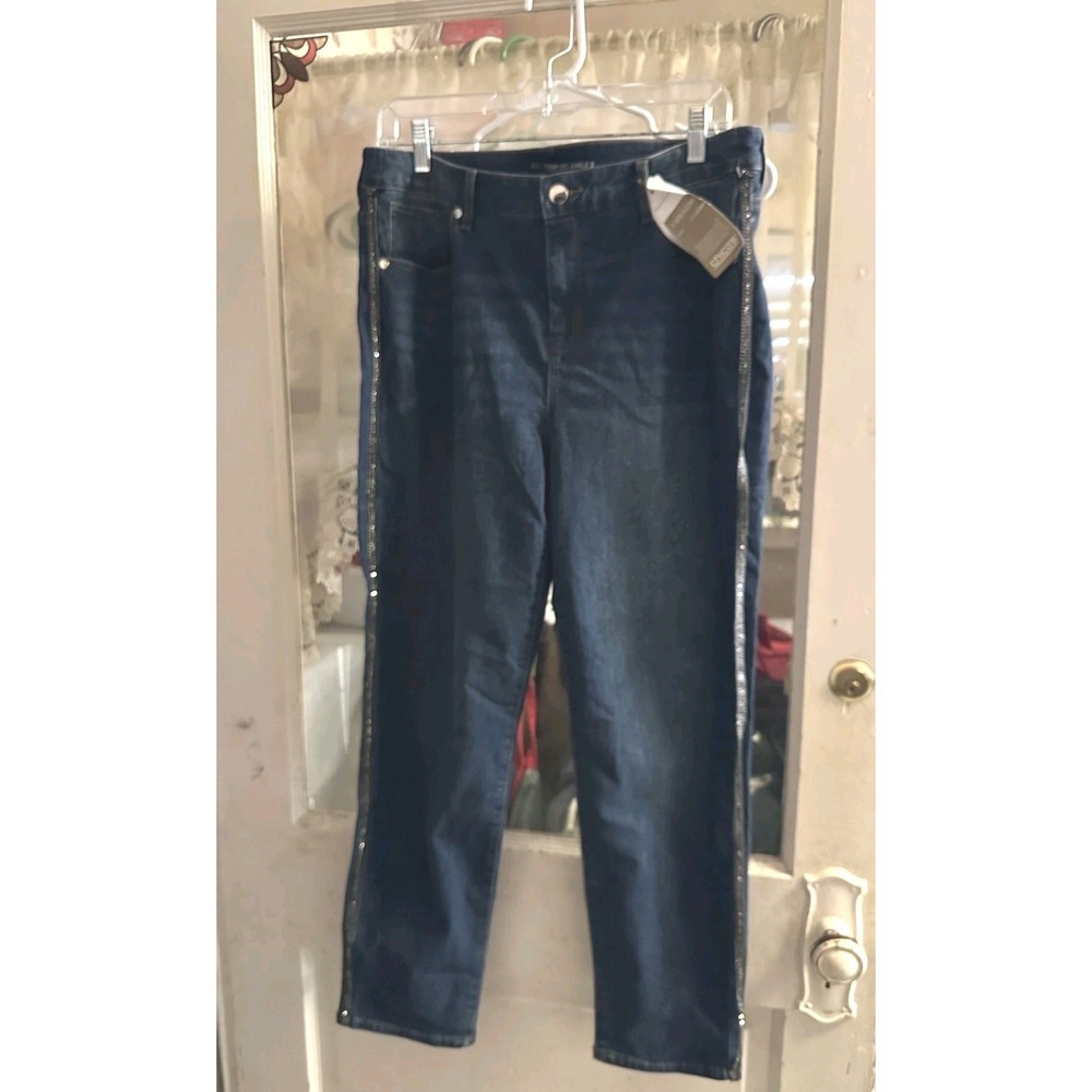 NWT Chico's Girlfriend Slim Ankle Jeans Size 2 / US 12 Dark Wash Beaded Side